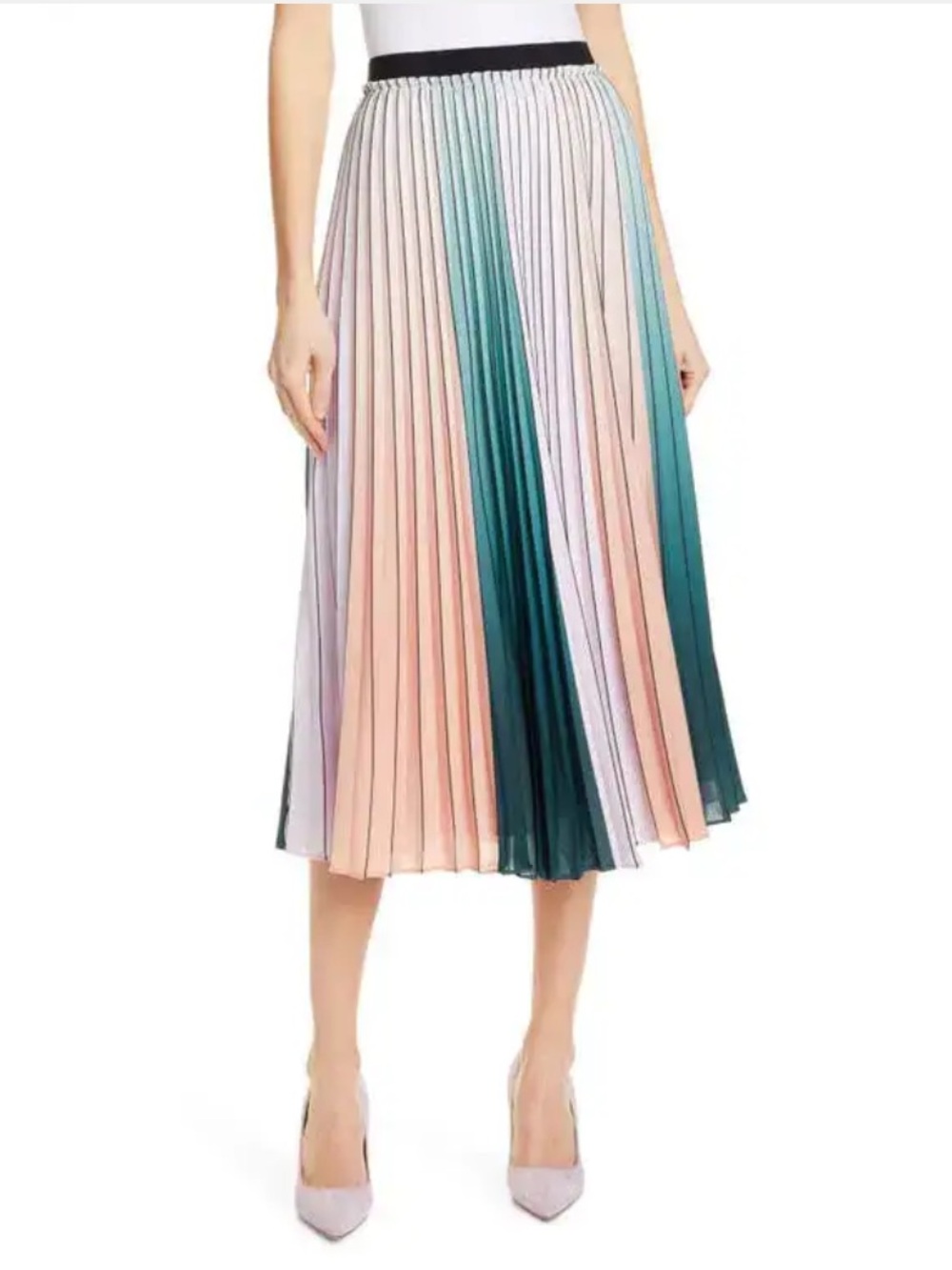 Ted Baker Pleated Color-Block Midi Skirt in Pink, Green & Peach